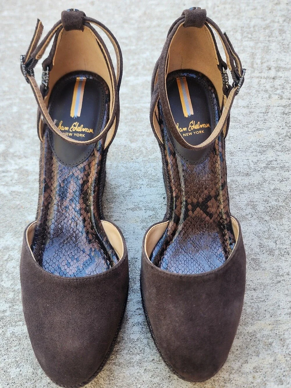 Sam Elderman Nati Platform Wedge Espadrille Ankle Strap Choc Brown Pumps, Sz 8.5